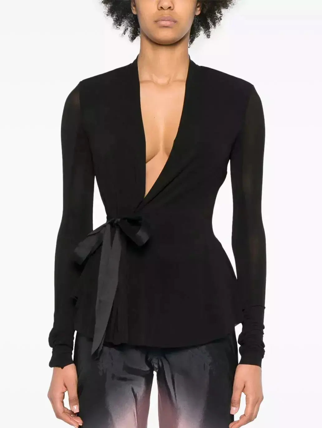 Black V-Neck Stretch Cardigan Jacket with Side Tie Branna Couture