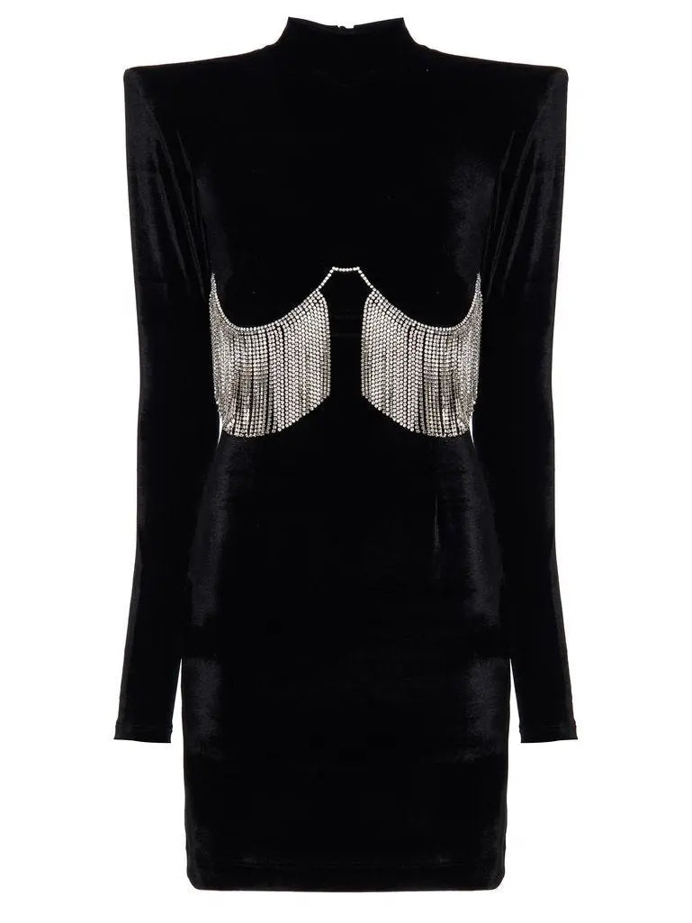 Black Velvet Crystal-Embellished Mini Dress - Branna Couture