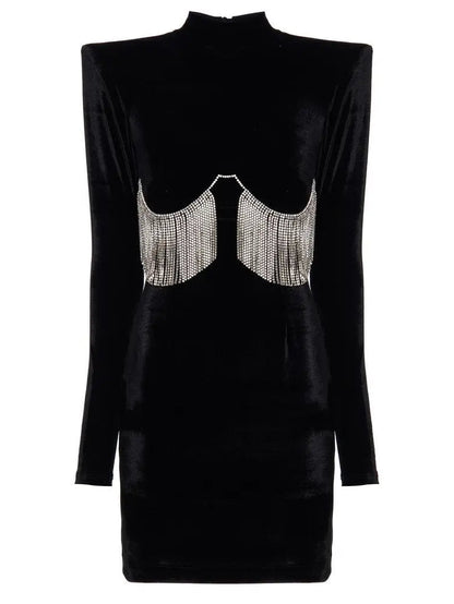 Black Velvet Crystal-Embellished Mini Dress - Branna Couture