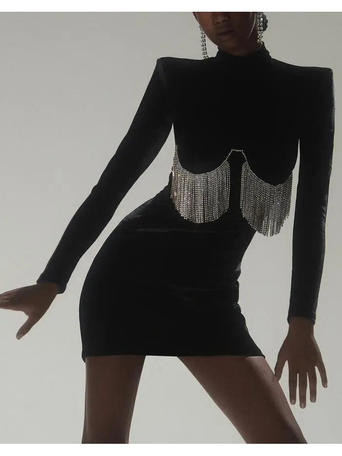 Black Velvet Crystal-Embellished Mini Dress - Branna Couture