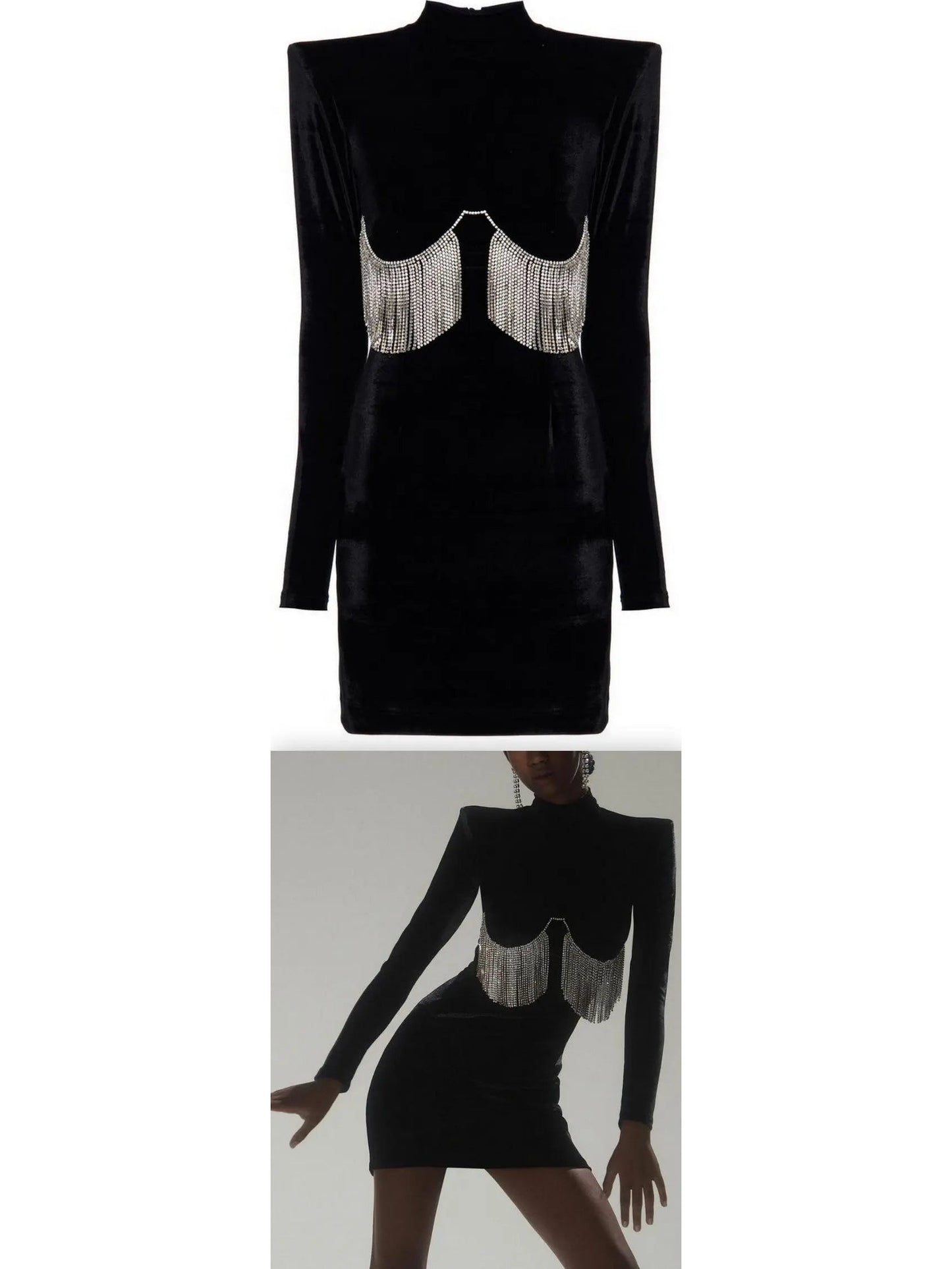 Black Velvet Crystal-Embellished Mini Dress - Branna Couture