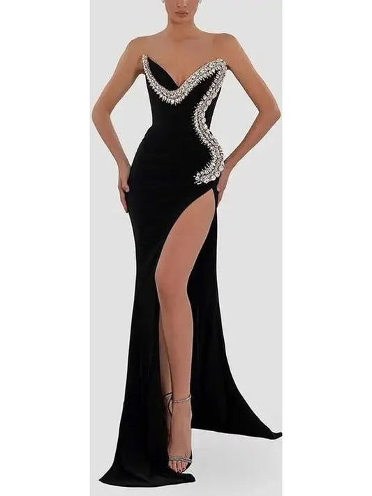 Black Velvet & Crystal Strapless Gown - Branna Couture