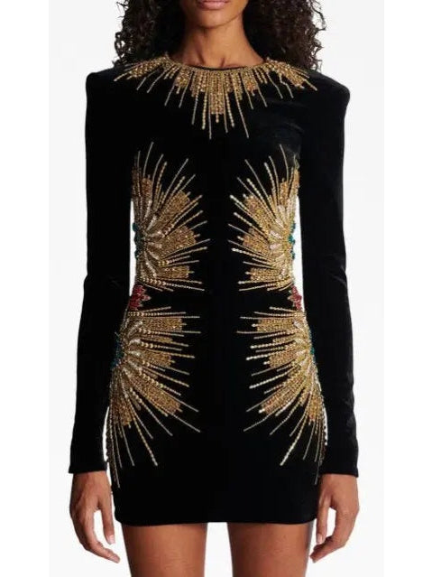 Black Velvet Dress with Pearl and Sequin Embroidery - Branna Couture