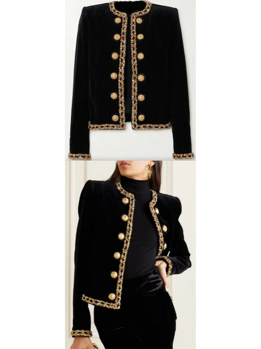 Black Velvet Jacket with Gold Sequin Embroidery - Branna Couture