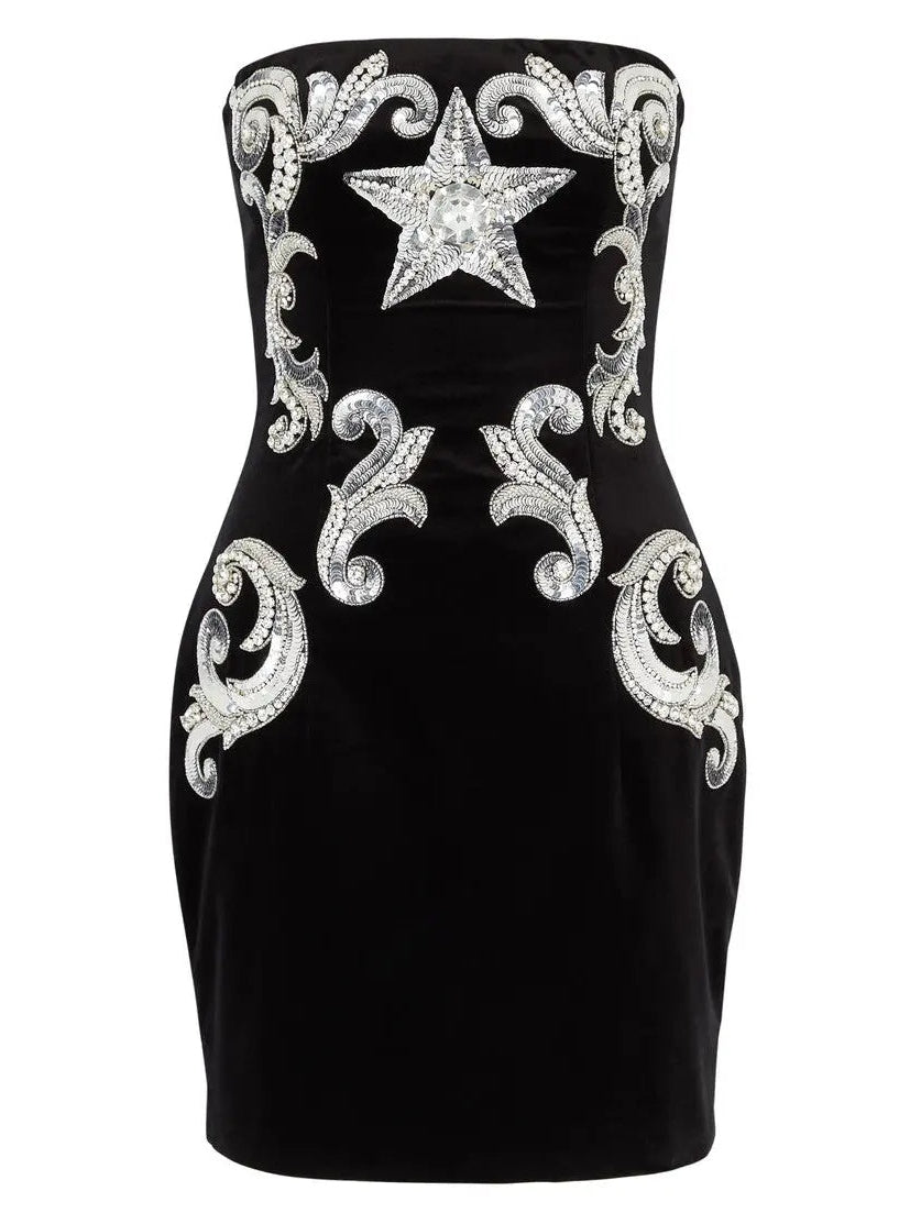 Black Velvet Paisley-Embroidered Strapless Dress - Branna Couture