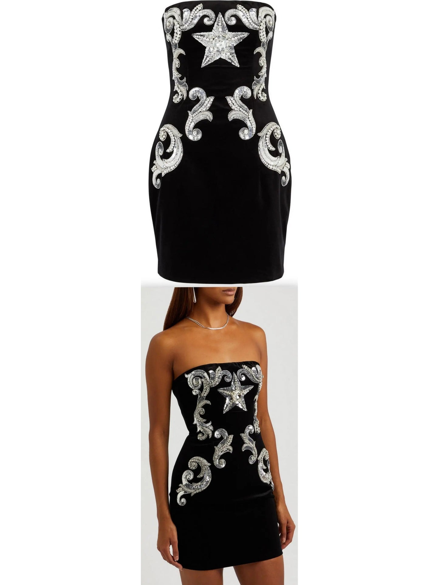 Black Velvet Paisley-Embroidered Strapless Dress - Branna Couture