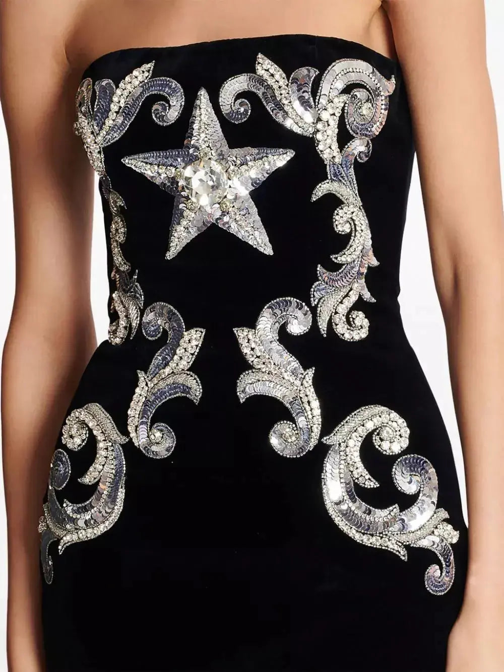 Black Velvet Paisley-Embroidered Strapless Dress - Branna Couture