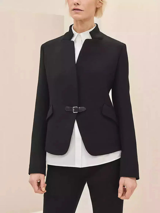 Black Wool-Blend Blazer with Leather Buckle Fastening - Branna Couture