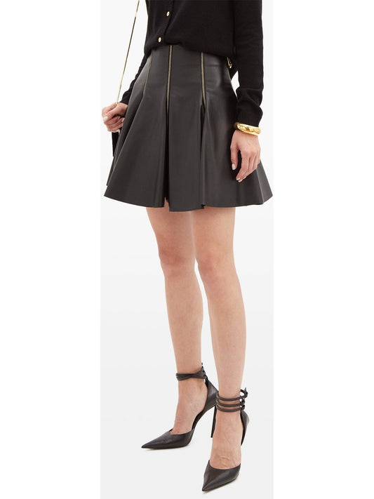 Black Zip-Embellished Pleated Leather Mini Skirt - Branna Couture