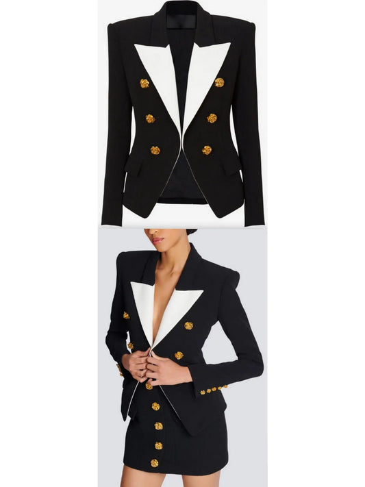 Black & White Slim-Fit Jacket with Roses Buttons - Branna Couture