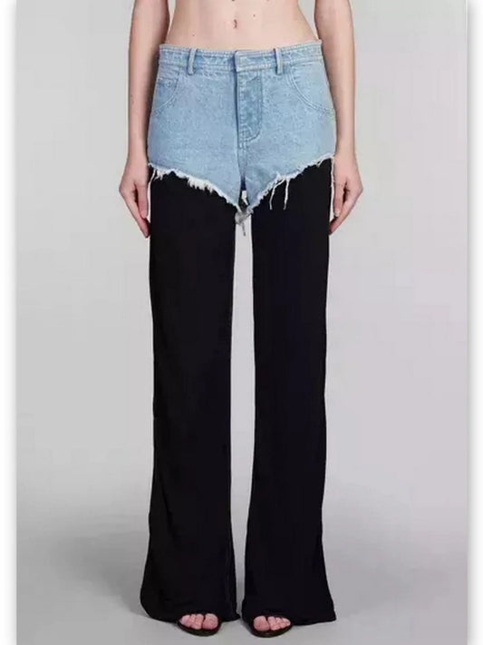 Black and Blue Denim Frayed Detail Mid-Rise Straight-Leg Pants - Branna Couture