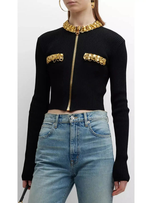 Black and Gold Embellished Rib-Knit Zip-Front Cropped Cardigan - Branna Couture