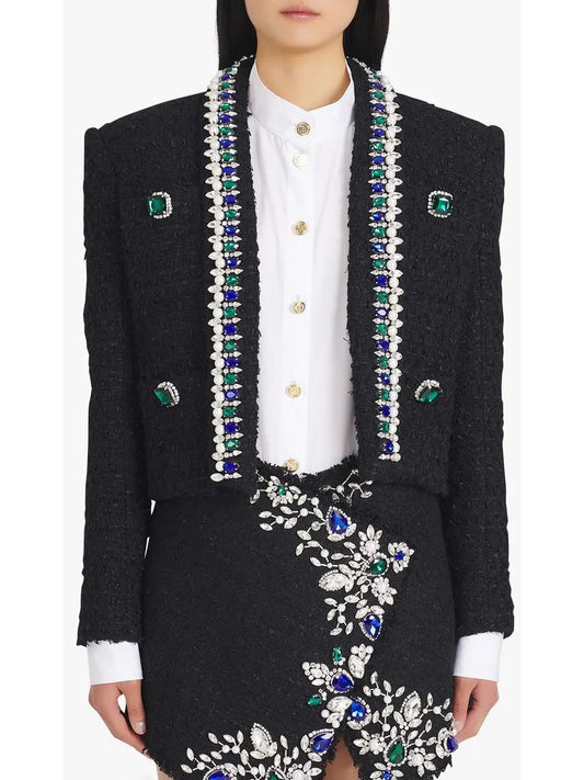 Black and Multicolor Tweed Spencer Jacket with Jewel Embroideries - Branna Couture