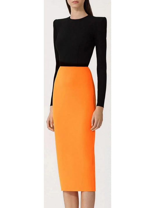 Black and Orange Long-Sleeve Crepe Stretch Midi Dress - Branna Couture