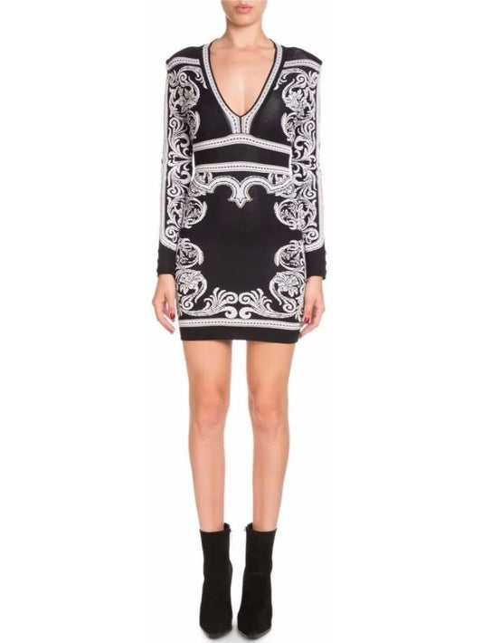 Black and White Baroque Stretch Mini Dress - Branna Couture