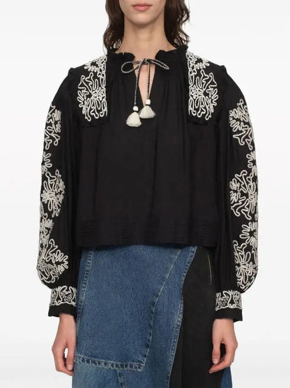 Black and White Floral-Embroidered Cotton Blouse Branna Couture