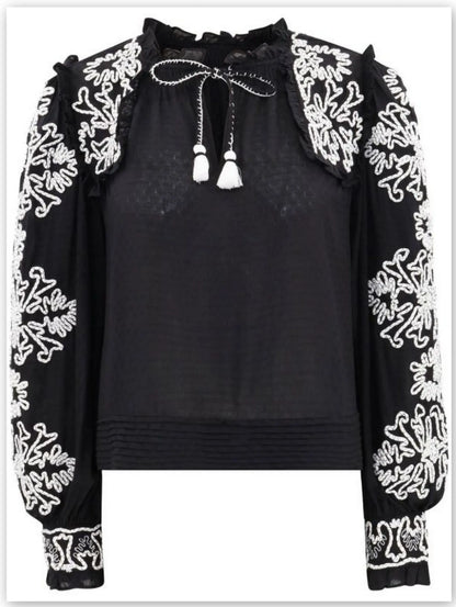 Black and White Floral-Embroidered Cotton Blouse Branna Couture