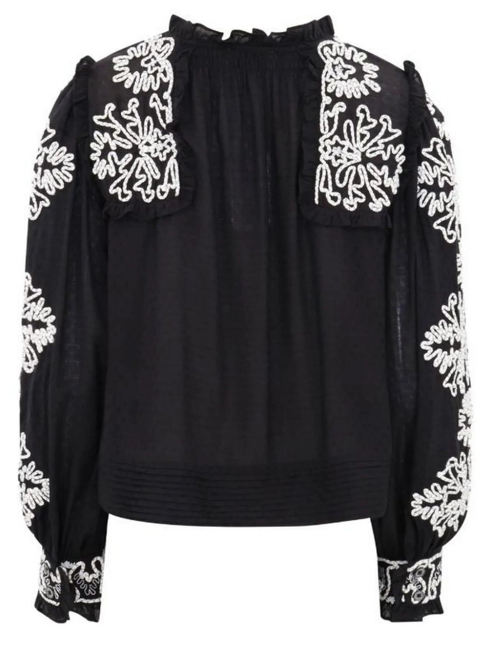 Black and White Floral-Embroidered Cotton Blouse Branna Couture