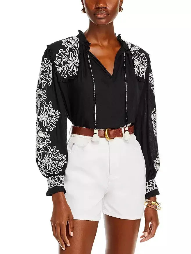 Black and White Floral-Embroidered Cotton Blouse Branna Couture