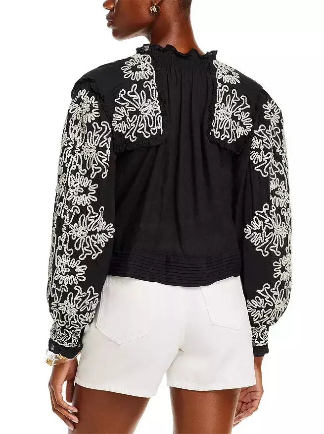 Black and White Floral-Embroidered Cotton Blouse Branna Couture