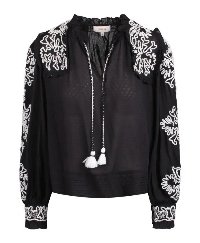 Black and White Floral-Embroidered Cotton Blouse Branna Couture