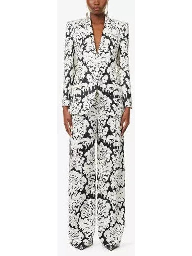 Black and White Floral-Print Single-Breasted Woven Blazer and Pant Suit - Branna Couture