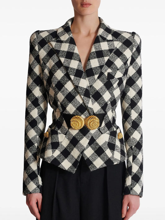 Black and White Gingham Tweed Jacket with Spiral Button Belt Branna Couture