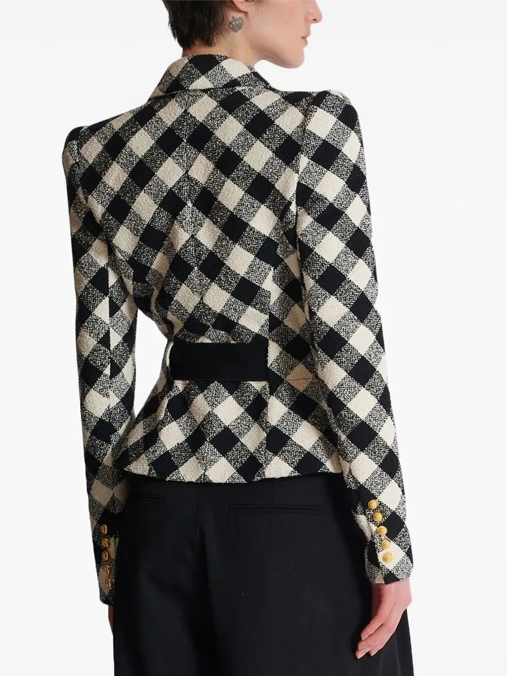 Black and White Gingham Tweed Jacket with Spiral Button Belt Branna Couture