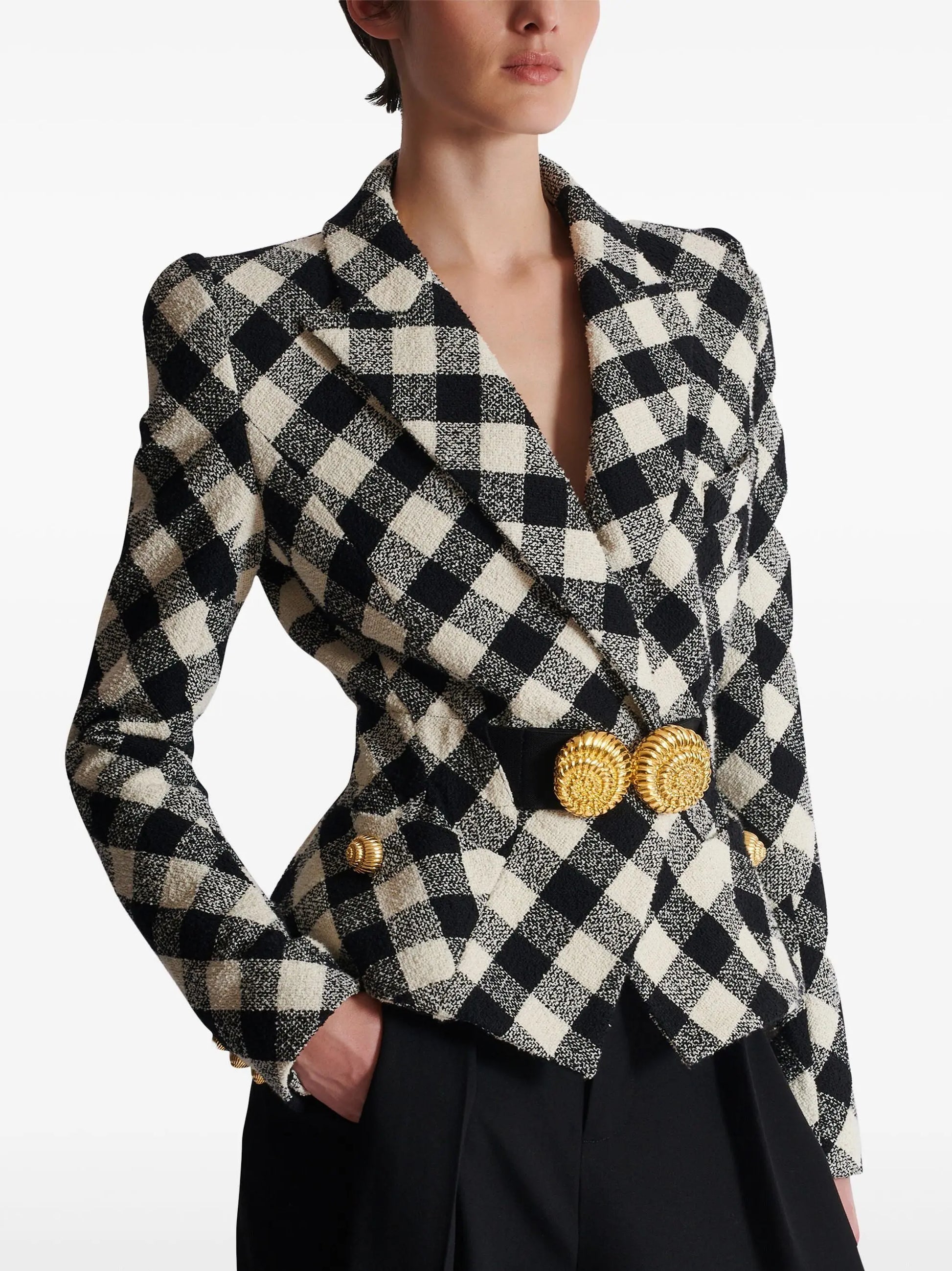 Black and White Gingham Tweed Jacket with Spiral Button Belt Branna Couture