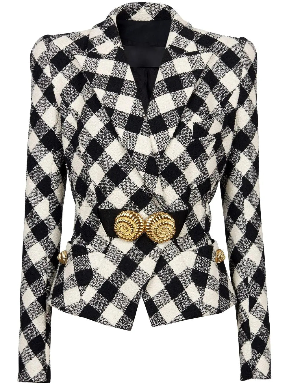 Black and White Gingham Tweed Jacket with Spiral Button Belt Branna Couture