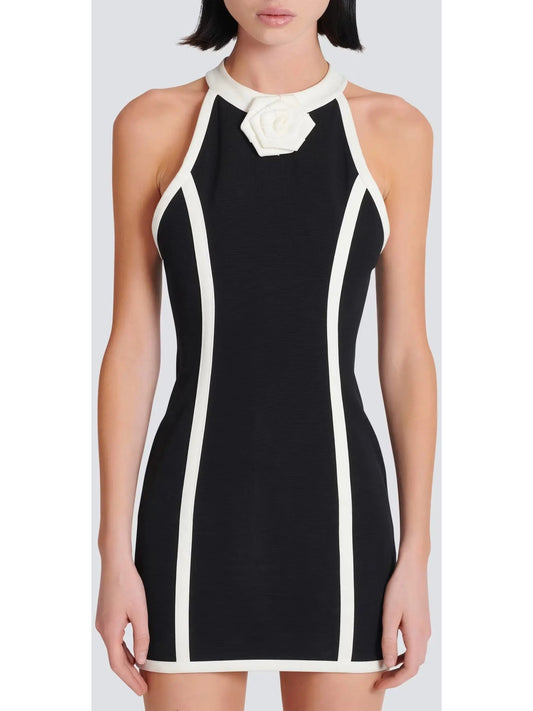 Black and White Halter Mini Dress with Rose Detail - Branna Couture