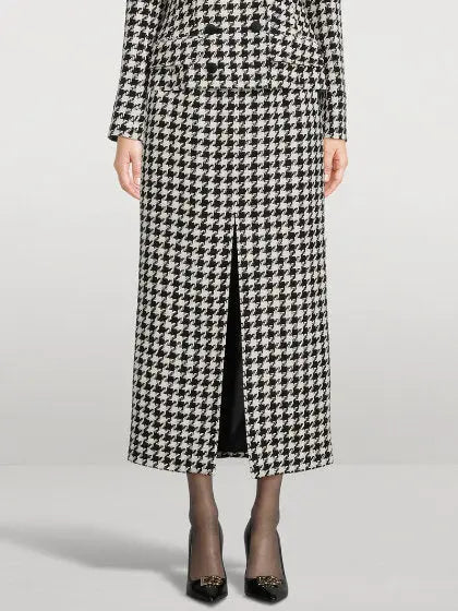 Black and White Houndstooth Split Midi Skirt - Branna Couture