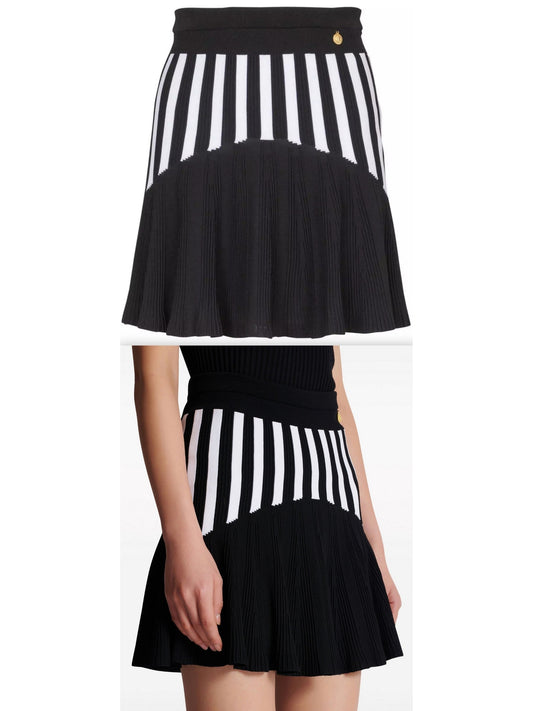 Black and White Pleated Striped Knit Skirt - Branna Couture