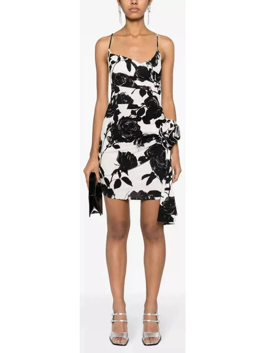 Black and White Rose-Print Mini Dress with Rose Applique - Branna Couture