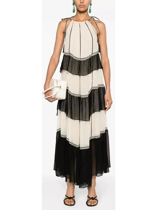 Black and White Ruffled Silk Halter-Neck Midi Dress - Branna Couture