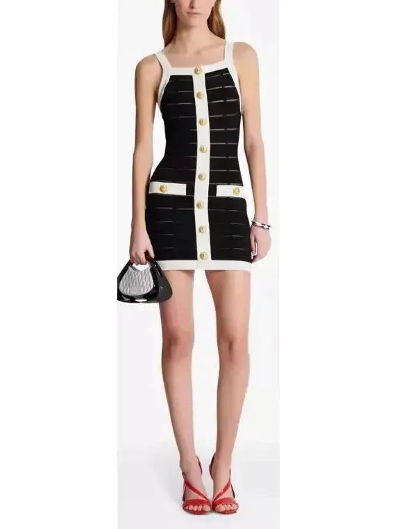 Black and White Sheer Panel Buttoned Tank Mini Dress - Branna Couture