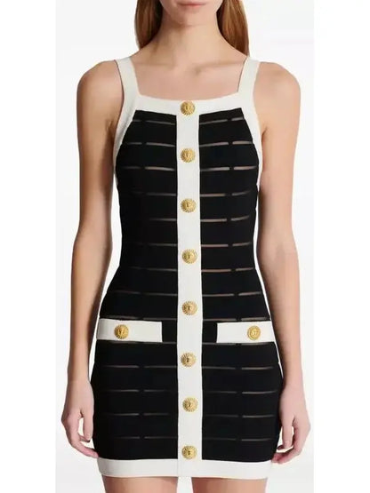 Black and White Sheer Panel Buttoned Tank Mini Dress - Branna Couture