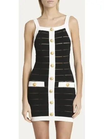 Black and White Sheer Panel Buttoned Tank Mini Dress - Branna Couture