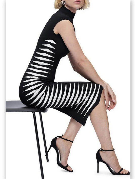 Black and White Side-Stripe Mock-Neck Midi Dress - Branna Couture