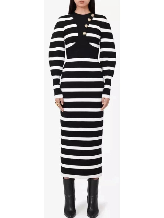 Black and White Striped Wool-Blend Midi Dress - Branna Couture