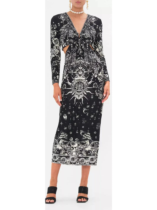 Black and White Tattoo Printed Cut-Out Embellished V-Neck Silk Midi Dress - Branna Couture