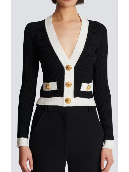 Black and White V-Neck Knit Cardigan - Branna Couture