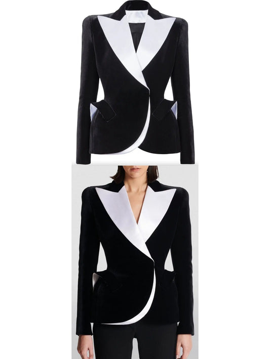 Black and White Velvet Structured Tuxedo Jacket - Branna Couture