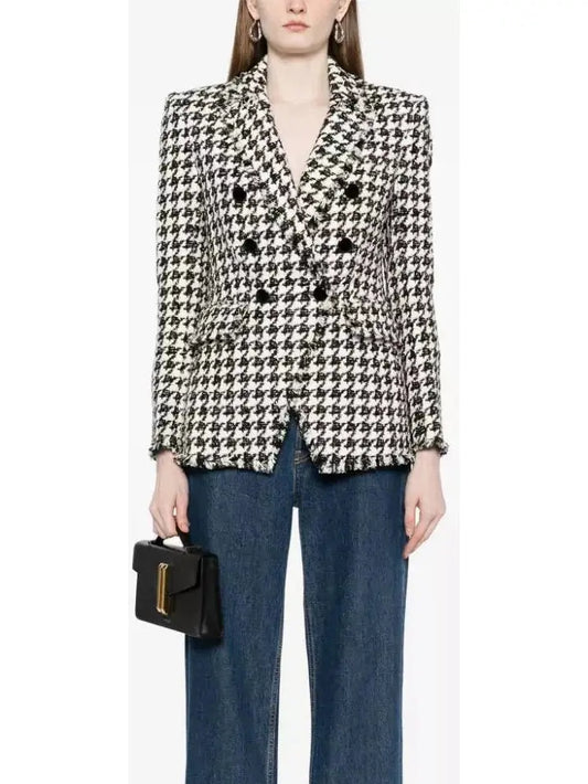 Black and White Wool-Blend Double-Breasted Houndstooth Blazer - Branna Couture