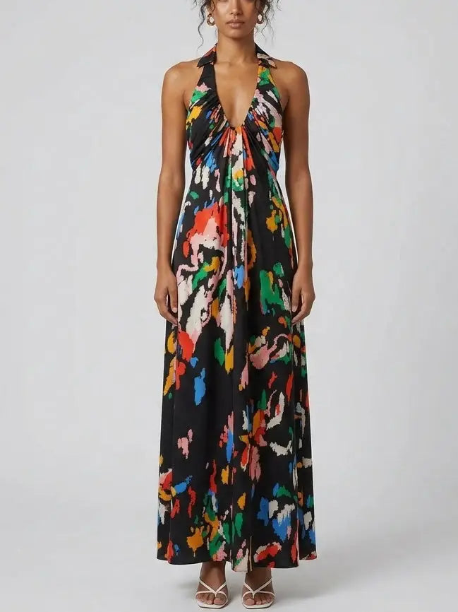 Black Abstract Print Cotton Halter Maxi Dress - XS - Dresses