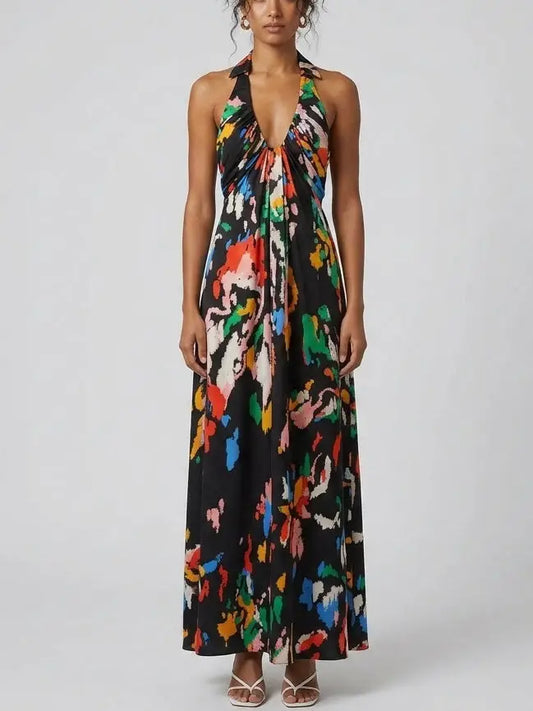 Black Abstract Print Cotton Halter Maxi Dress - XS - Dresses