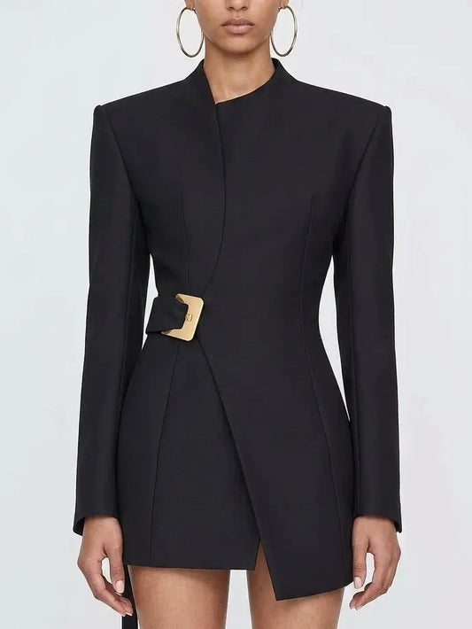 Black Asymmetric Belted Jacket with Gold Buckle - S - Jackets