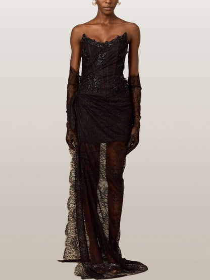 Black Bead-Embellished Corset Lace Gown