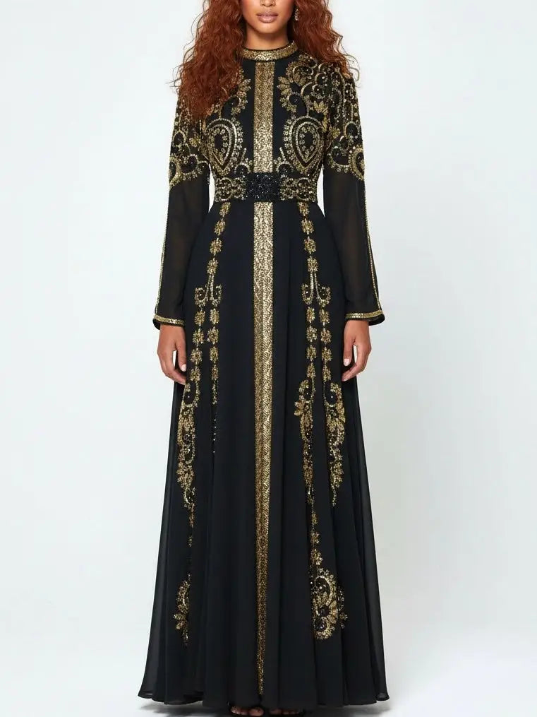 Black Beaded Chiffon Gown with Gold Embroidery - S - Dresses