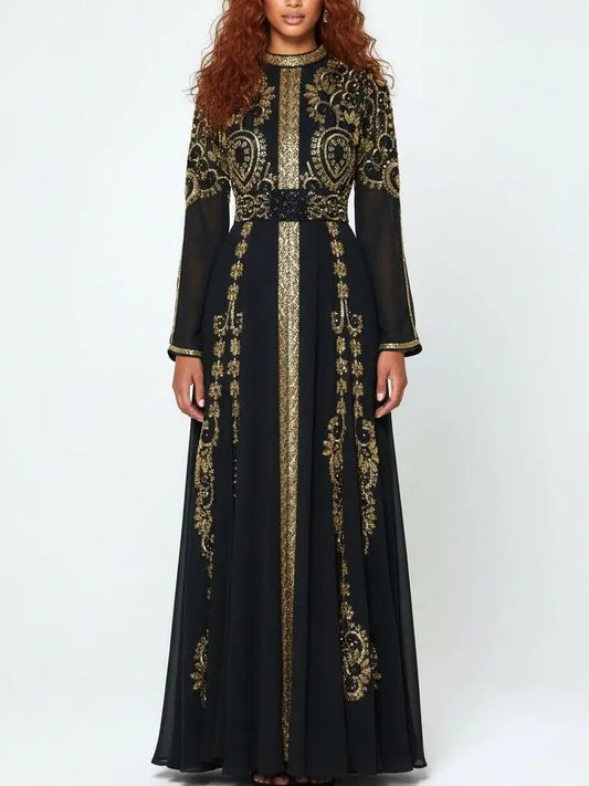 Black Beaded Chiffon Gown with Gold Embroidery - S - Dresses